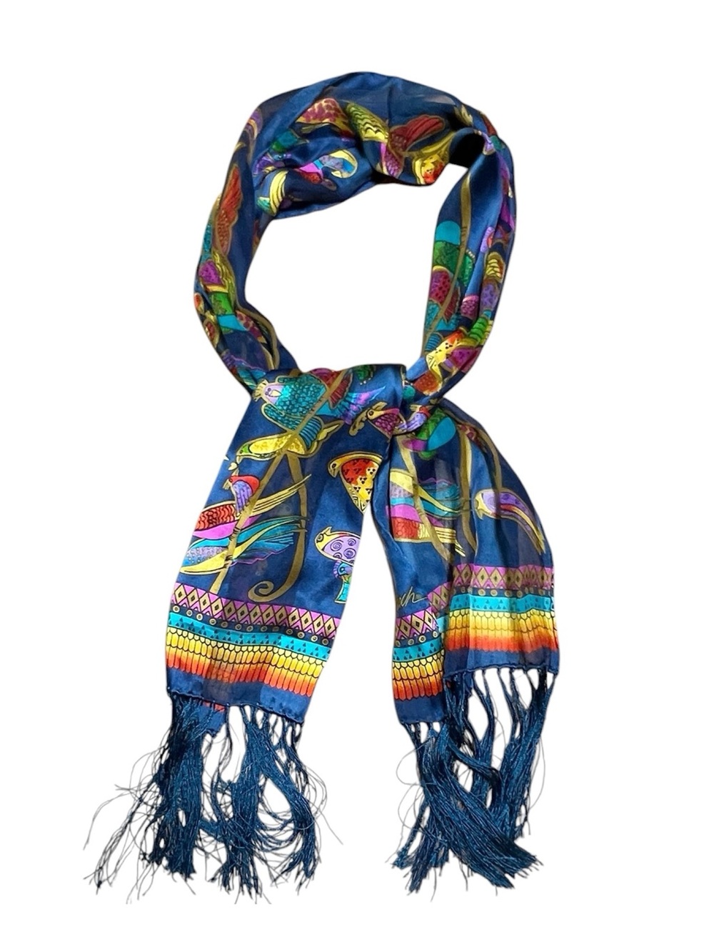 Laurel Burch multicolor bird print long scarf with fringe